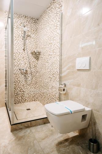 a bathroom with a shower and a toilet and a sink at SPA-Hotel Dodo in Zhytomyr