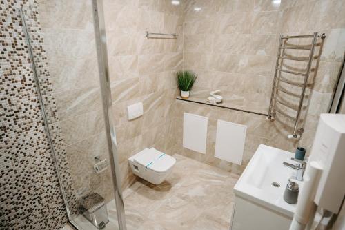 a bathroom with a shower and a toilet and a sink at SPA-Hotel Dodo in Zhytomyr