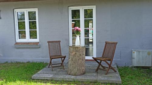 dos sillas y un tronco de árbol con un jarrón de flores en Pappelhof - Doppelhaushälfte mit Garten in Grömitz, en Grömitz