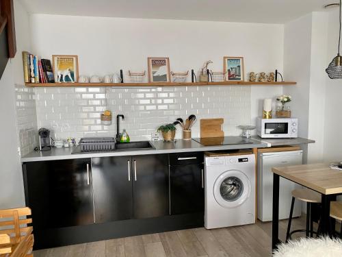 een keuken met een wastafel en een wasmachine bij L’appart Duplex Bis in Le Havre