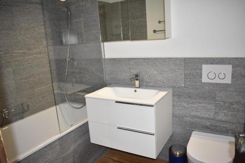 een badkamer met een wastafel, een douche en een toilet bij Bella Val (272 Pe) in Lenzerheide