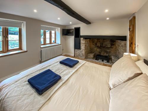 a bedroom with a large bed with a fireplace at Quabbs Head Cottage in Mathon