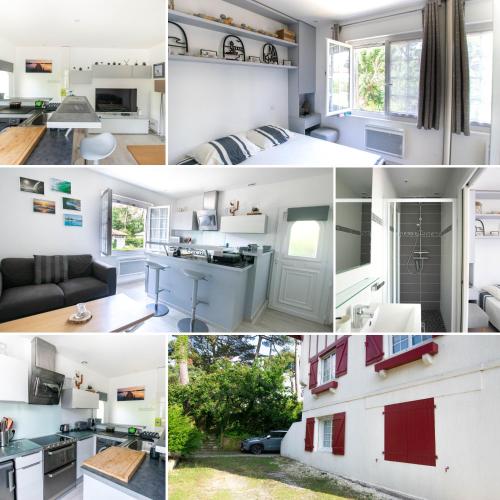 un collage de photos d'une cuisine et d'un salon dans l'établissement Sable et Reflets - T2 - Centre ville d'Hossegor, à Soorts-Hossegor