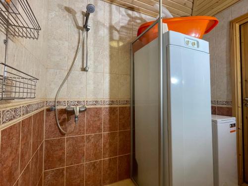 a shower in a bathroom with a refrigerator at Ulkoporeamme Niemelä in Melkoniemi