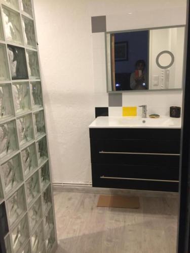 une salle de bain avec un lavabo et un miroir dans l'établissement Gîte de la Chatiere, à Villefort