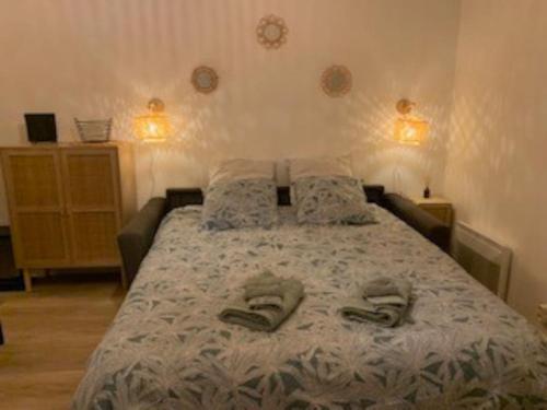 ein Schlafzimmer mit einem Bett und Hausschuhen darauf in der Unterkunft Studio confortable aux portes de Bordeaux et Médoc in Ludon-Médoc