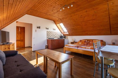 ein Wohnzimmer mit einem Bett und einem Tisch in der Unterkunft Szabolcs Apartments in Demjén