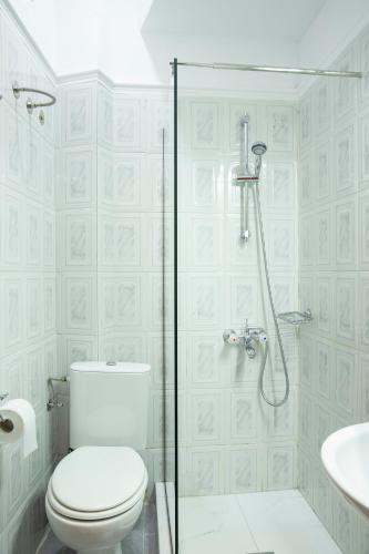 a bathroom with a shower and a toilet and a sink at Olymp-rooms in Litochoro