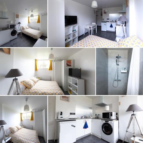 - deux photos d'une chambre avec deux lits et une cuisine dans l'établissement Dune Front Paradise - Appartement sur la dune, à Soorts-Hossegor