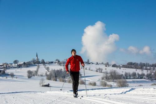 a man is cross country skiing in the snow at Ferienwohnung Fernblick im Ferienpark Geyersberg in Freyung