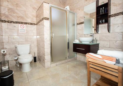 a bathroom with a shower and a toilet and a sink at EcoMar Rentals 3/2: Cabo Rojo PR: Piscina y Playas in Cabo Rojo