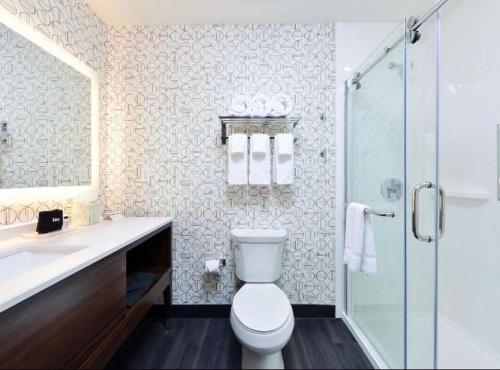 Holiday Inn - Fort Worth - Alliance, an IHG Hotel في فورت وورث: حمام مع مرحاض ومغسلة ودش