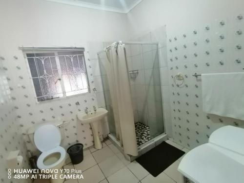 uma casa de banho com um chuveiro, um WC e um lavatório. em Akkerdam Bed and Breakfast em Calvinia