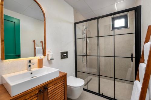 a bathroom with a sink and a toilet and a mirror at Azuu Boutique Hotel in Antalya