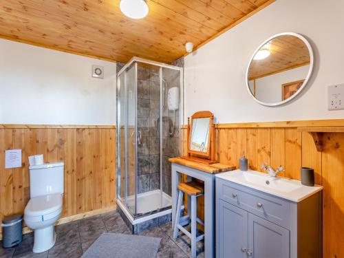 La salle de bains est pourvue d'un lavabo et d'une douche. dans l'établissement Lion House- Uk45705, à Brinkley