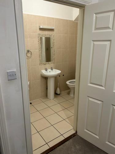 uma casa de banho com um lavatório e um WC em Heyward mews holiday homes em Dublin