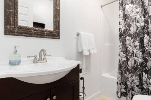 baño con lavabo y cortina de ducha en Yak & Yeti Cabin- Next to River + Wi-Fi + A/C+ BBQ, en Luray