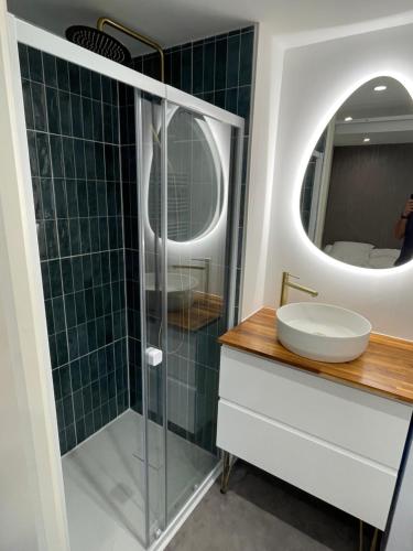 une salle de bain avec une douche avec un lavabo et un miroir dans l'établissement Le Panorama - Vue Lac et Montagne avec parking, à Annecy