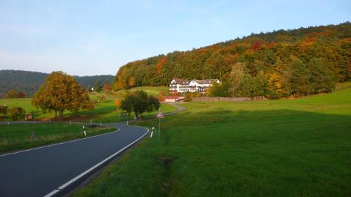 une maison sur une colline à côté d'une route dans l'établissement Gasthof-Hotel Lärmfeuer, à Rohrbach