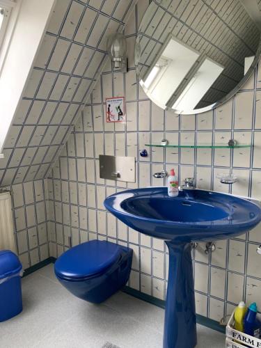 a bathroom with a blue sink and a toilet at Ferienhaus Chalet Dr. Winkler in Speichersdorf