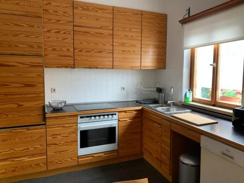 La cuisine est équipée de placards en bois et d'un four avec plaques de cuisson. dans l'établissement Ferienhaus Chalet Dr. Winkler, à Speichersdorf