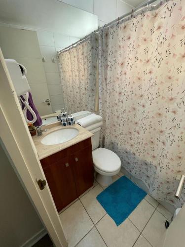 uma casa de banho com um WC, um lavatório e um espelho. em alojamiento 3 dormitorios em Santiago