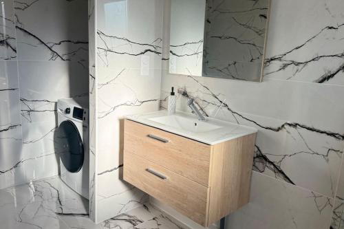 une salle de bain avec un lavabo et un miroir dans l'établissement Le Melo - Charmant appartement T2 neuf, à Perpignan
