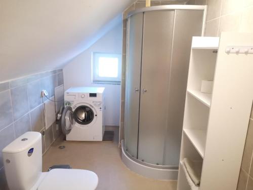 a bathroom with a toilet and a washing machine at Small house in Celje in Celje