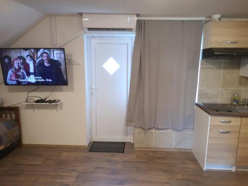 a kitchen with a white door with a tv on the wall at Small house in Celje in Celje