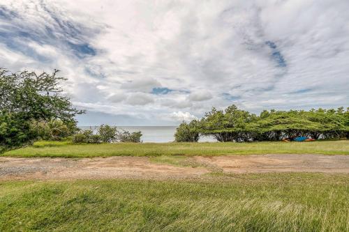 a field with grass and trees and the ocean at EcoMar Rentals: Villa in Cabo Rojo
