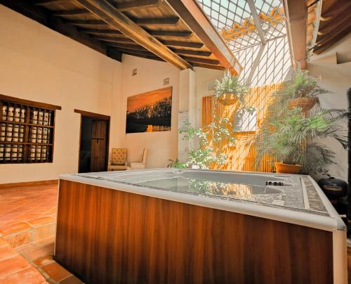 bañera de hidromasaje en una habitación con plantas en la pared en Hotel Boutique Casa Gerar, en Mompox