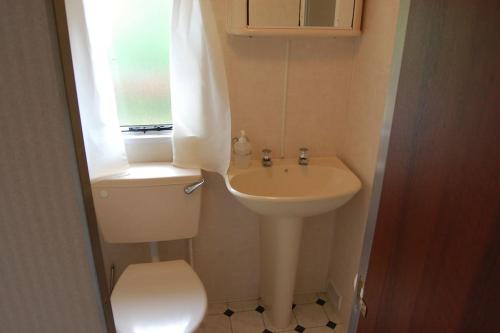 ein Bad mit einem WC, einem Waschbecken und einem Fenster in der Unterkunft Ubytovaní na kopečku in Velké Svatoňovice