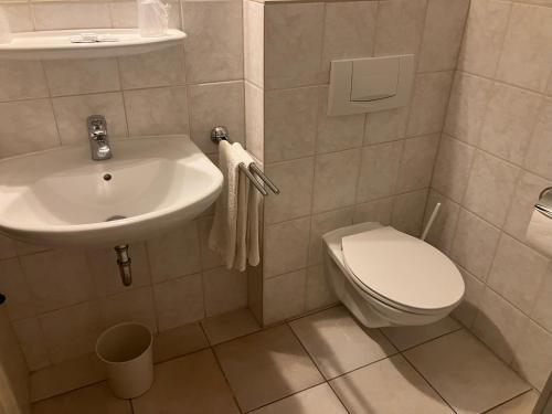 uma casa de banho com um lavatório branco e um WC. em Hotel Direndall em Kopstal