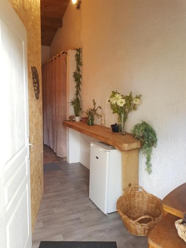 une salle avec une table et un comptoir avec des plantes dans l'établissement Au Petit Nid de Sanguinet, à Sanguinet