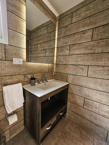 a bathroom with a sink and a mirror at Monte Fueguino in Ushuaia