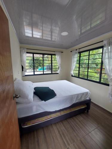 a bedroom with a large white bed with two windows at GLAMPING EL Mirador in Ibagué