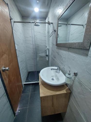 La salle de bains est pourvue d'un lavabo et d'une douche. dans l'établissement GLAMPING EL Mirador, à Ibagué