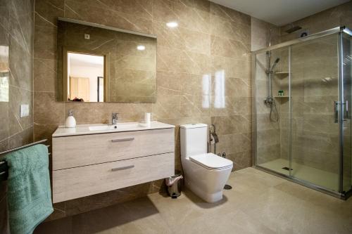 a bathroom with a toilet and a shower and a sink at Cortijo San Antonio de Trejo in Setenil