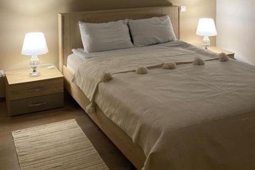 1 dormitorio con 1 cama grande y 2 mesitas de noche en sublime studio côté balnéaire, en Agadir