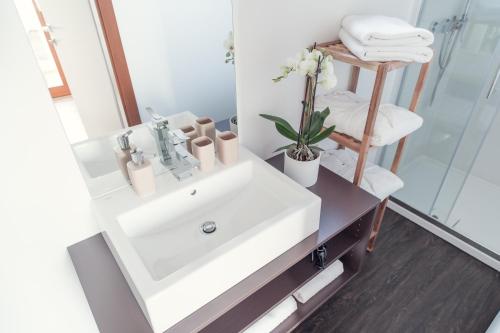 ein Badezimmer mit einem weißen Waschbecken und einem Spiegel in der Unterkunft WeinHAUS 03 im Weingarten-Resort Unterlamm Loipersdorf - ADULTS ONLY in Unterlamm