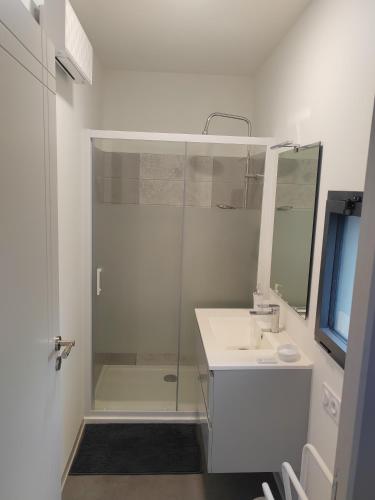 une salle de bain blanche avec une douche et un lavabo dans l'établissement Gîte de charme, à Barbazan