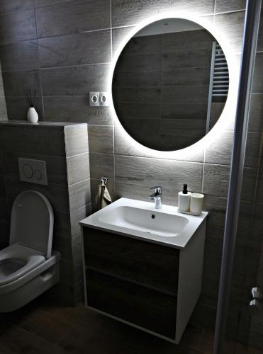 a bathroom with a sink and a mirror and a toilet at Kukorica Csárda Apartman 2 in Balatonújlak