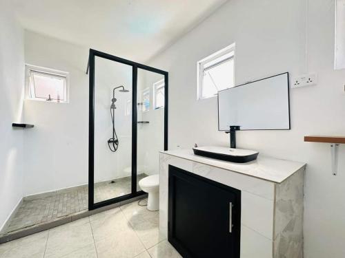 a bathroom with a shower and a toilet and a sink at Villa Calodyne in Goodlands