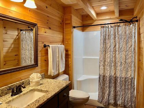 y baño con aseo, lavabo y ducha. en Pine Mountain Luxury Cabin Bordering Roosevelt Park and 7 Min to Callaway Gardens, en Pine Mountain Valley