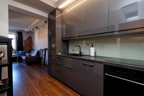 a kitchen with stainless steel appliances and a living room at Przytulnie z The GG Apartments in Poznań