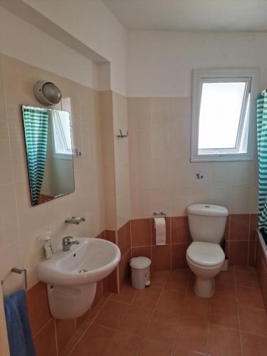 La salle de bains est pourvue de toilettes et d'un lavabo. dans l'établissement Oceania Bay Village, à Pýla