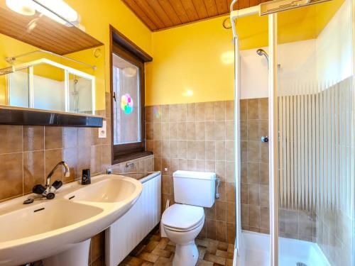 une salle de bain avec toilettes, lavabo et douche dans l'établissement Duplex confortable pour 9 pers à 500m du centre de Morzine, proche des pistes, avec balcon et parking - FR-1-754-63, à Morzine