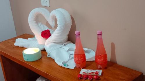 uma mesa com dois cisnes de toalha e duas garrafas sobre ela em Bellavista Casa de Huéspedes em San Pablo