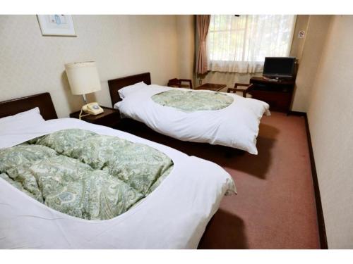 Habitación de hotel con 2 camas y escritorio en Hakuba park hotel - Vacation STAY 95667v, en Hakuba