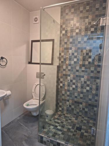 a bathroom with a toilet and a glass shower at UMDLOTI MODERN 3 BEDROOM BEACH FLAT in Umdloti